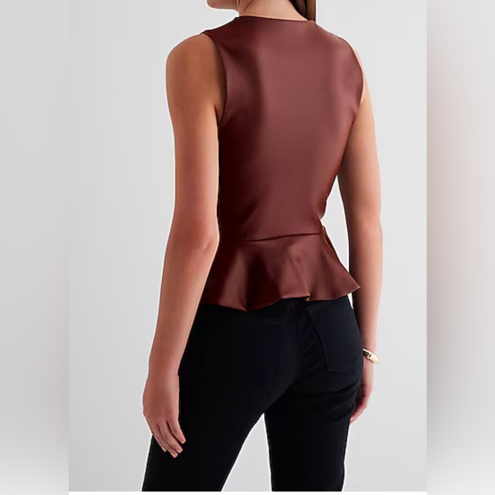 SOLD EXPRESS Body Contour Brown Faux Leather Crew Neck Peplum Tank Brown XS - Picture 2 of 8